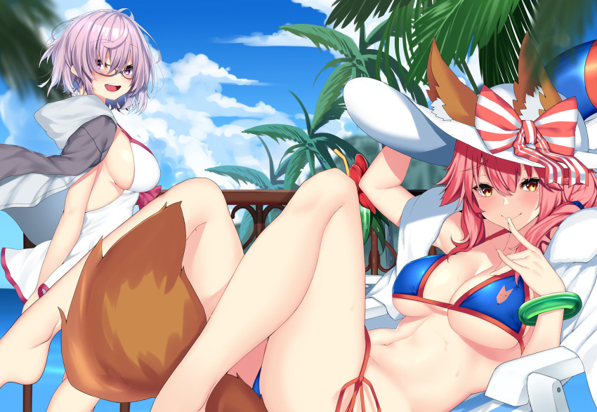 2girls, animal_ears, bangs, bare_shoulders, beach, beach_chair, bikini, blue_bikini