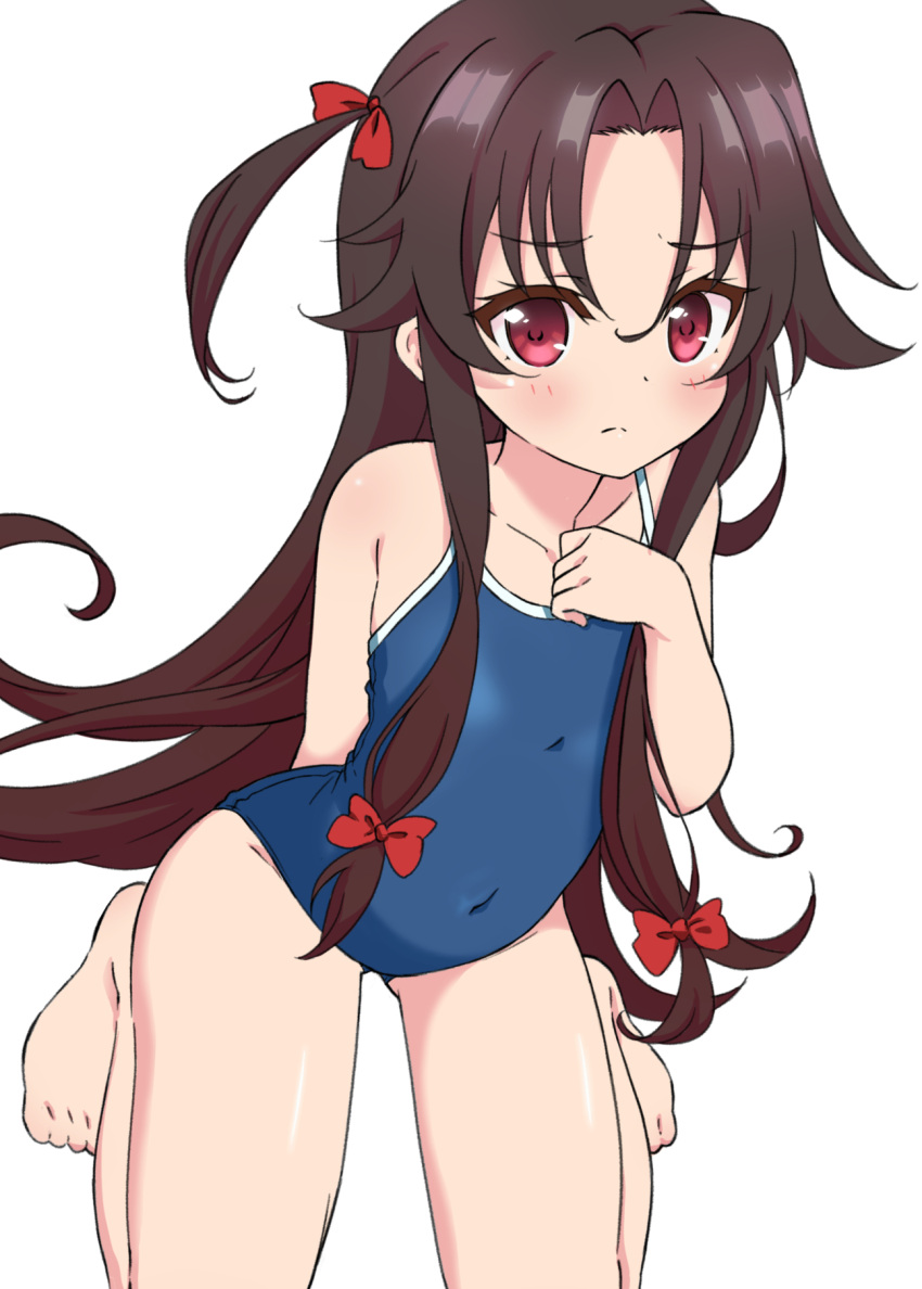 1girl, arm_behind_back, barefoot, black_hair, blue_swimsuit, bow, commentary_request, covered_navel