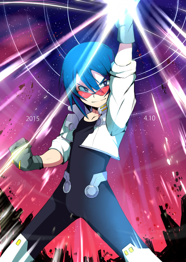 1boy, akatsuki_shidou, arm_up, bangs, blue_hair, clenched_hand, cowboy_shot, dated
