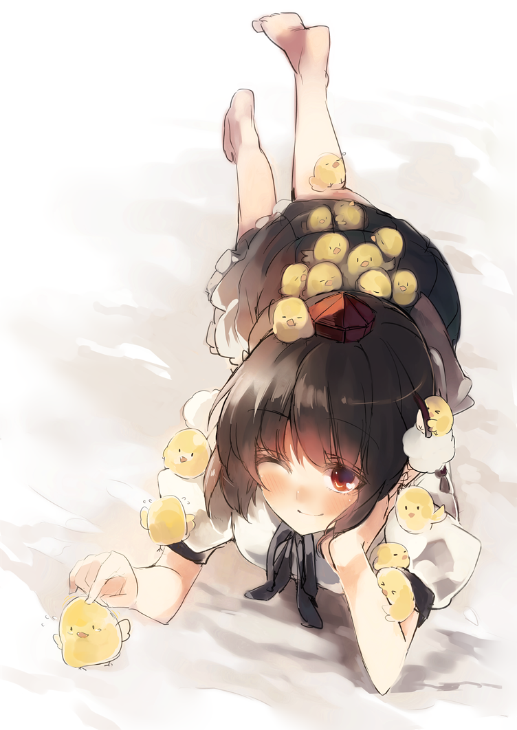 1girl, ;), animal, animal_on_head, barefoot, bird, bird_on_arm, bird_on_back, bird_on_head, bird_on_leg, black_hair, blush, bow, chick, chicken, closed_mouth, commentary_request, feet, flying_sweatdrops, full_body, hat, head_rest, ken_(coffee_michikusa), lying, on_head, on_stomach, one_eye_closed, pom_pom_(clothes), puffy_sleeves, red_eyes, shameimaru_aya, shirt, short_hair, short_sleeves, skirt, smile, soles, solo, tokin_hat, too_many, too_many_chicks, touhou