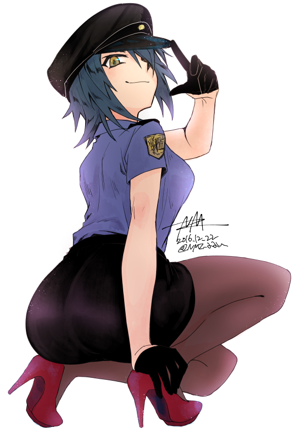 1girl, black_gloves, black_skirt, blue_hair, blue_shirt, dated, eyepatch, finger_on_hat