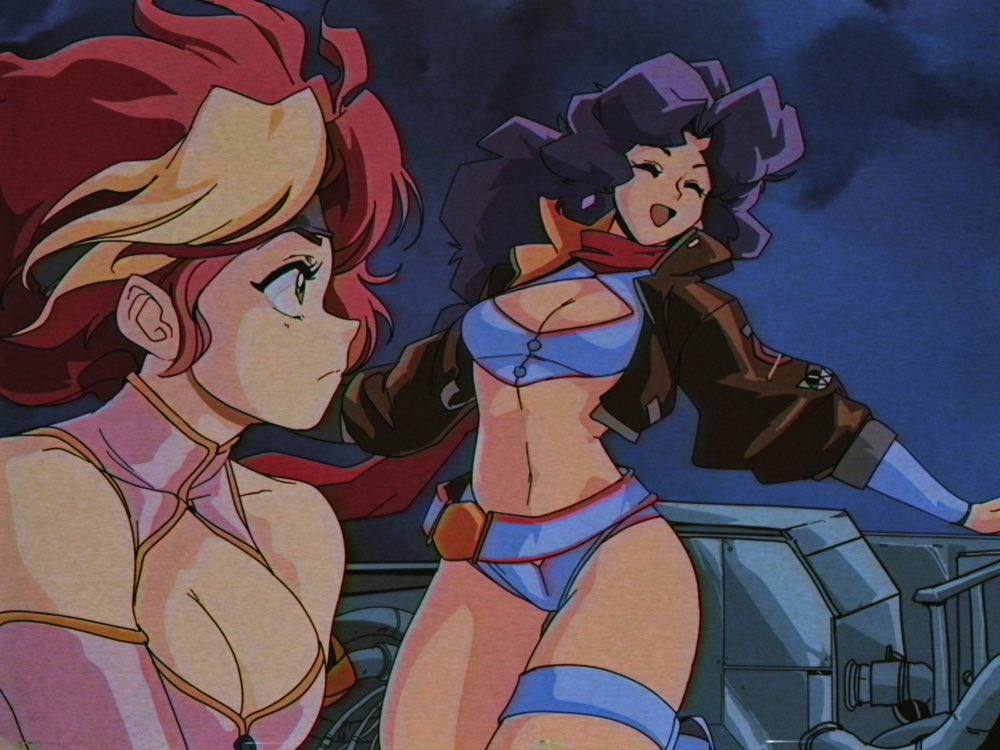 2girls, 80s, ^_^, ahoge, arina_(game_grumps), belt, cleavage_cutout, closed_eyes