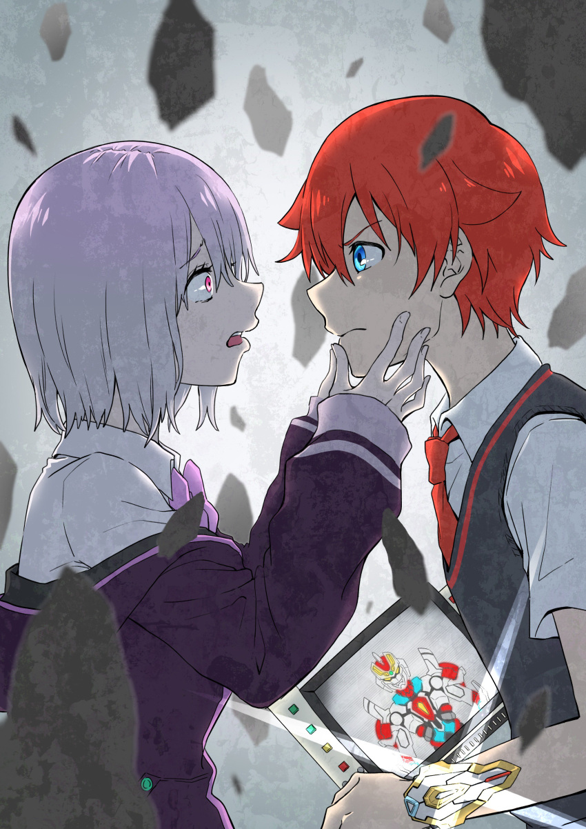 1boy, 1girl, absurdres, bangs, blue_eyes, bow, bowtie, collared_shirt