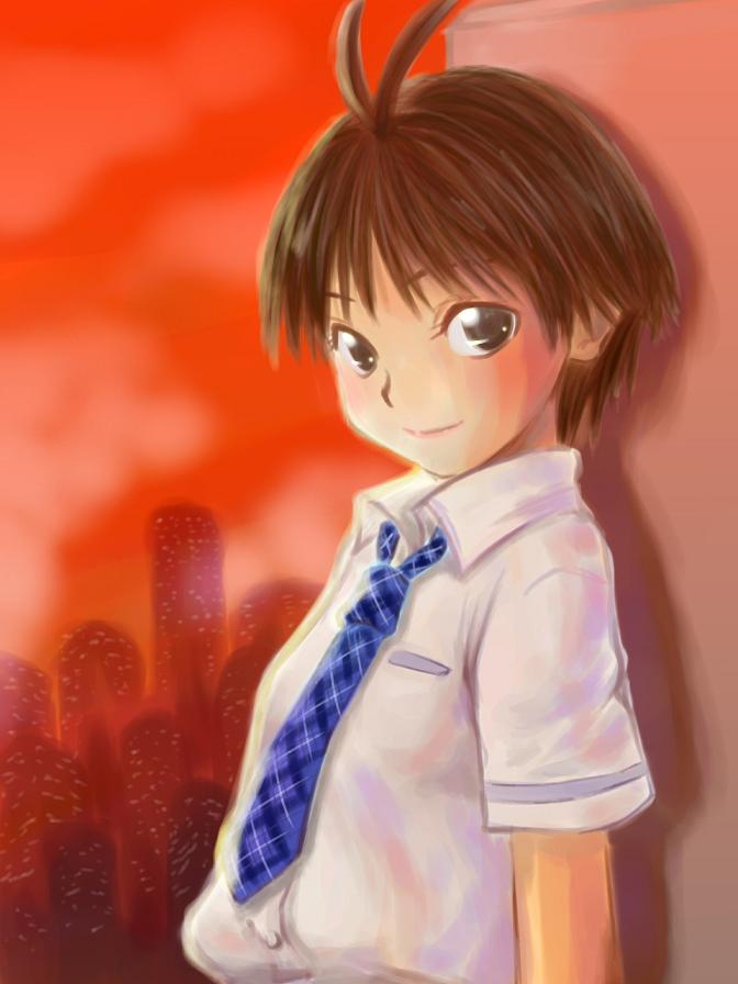 brown_hair, idolmaster, kikuchi_makoto, necktie, short_hair, skyline, star_seven, sunset