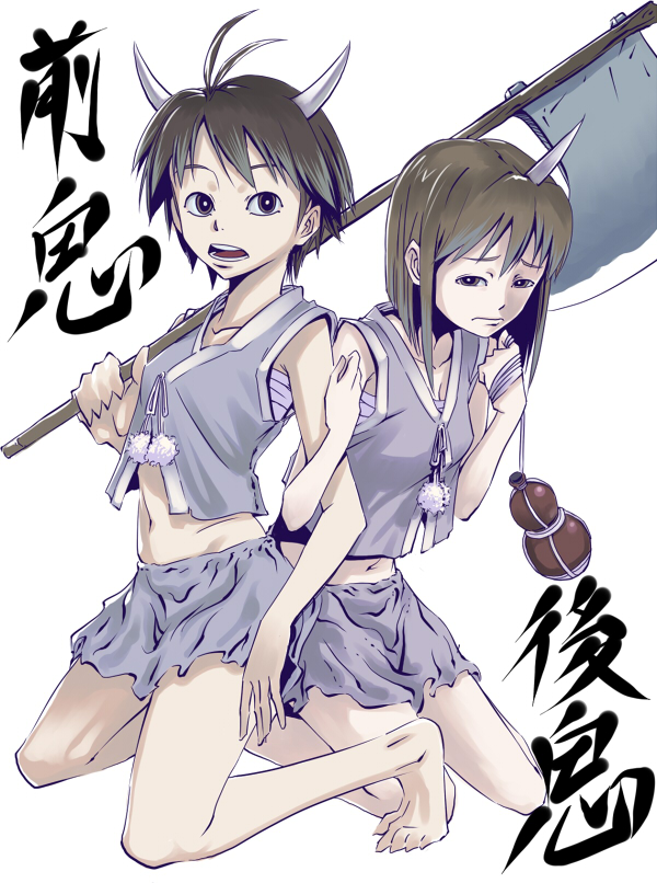 aerodog, axe, bare_shoulders, barefoot, brown_eyes, brown_hair, demon, hagiwara_yukiho