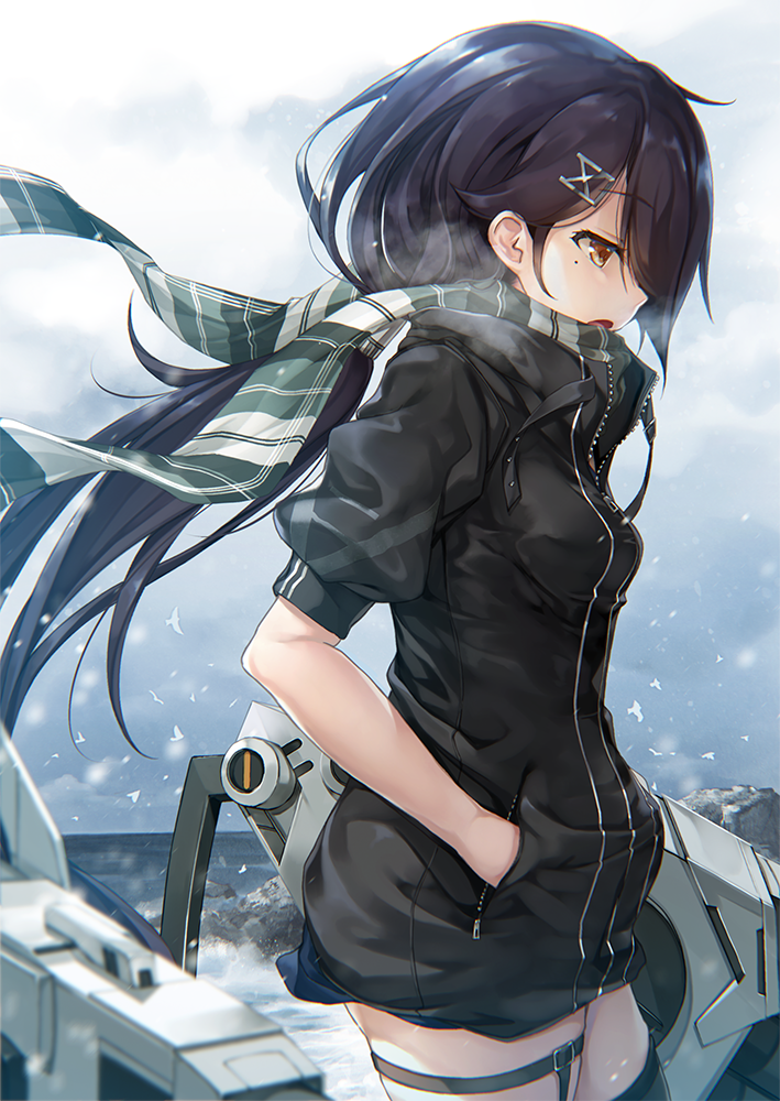1girl, azur_lane, bird, black_hair, black_legwear, blue_sky, blush, breasts
