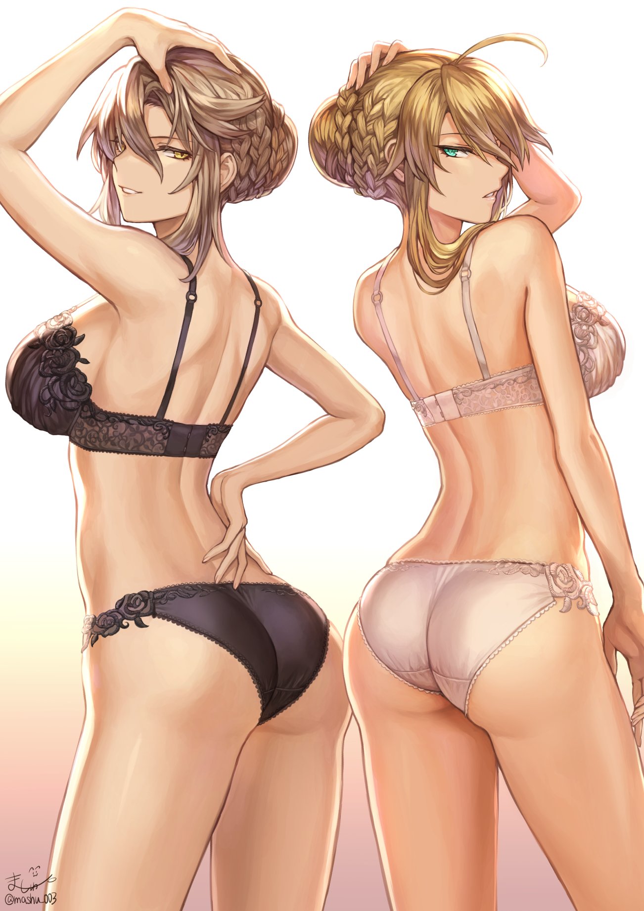 2girls, ahoge, arm_up, artist_name, artoria_pendragon_(all), artoria_pendragon_(lancer), artoria_pendragon_(lancer_alter), ass