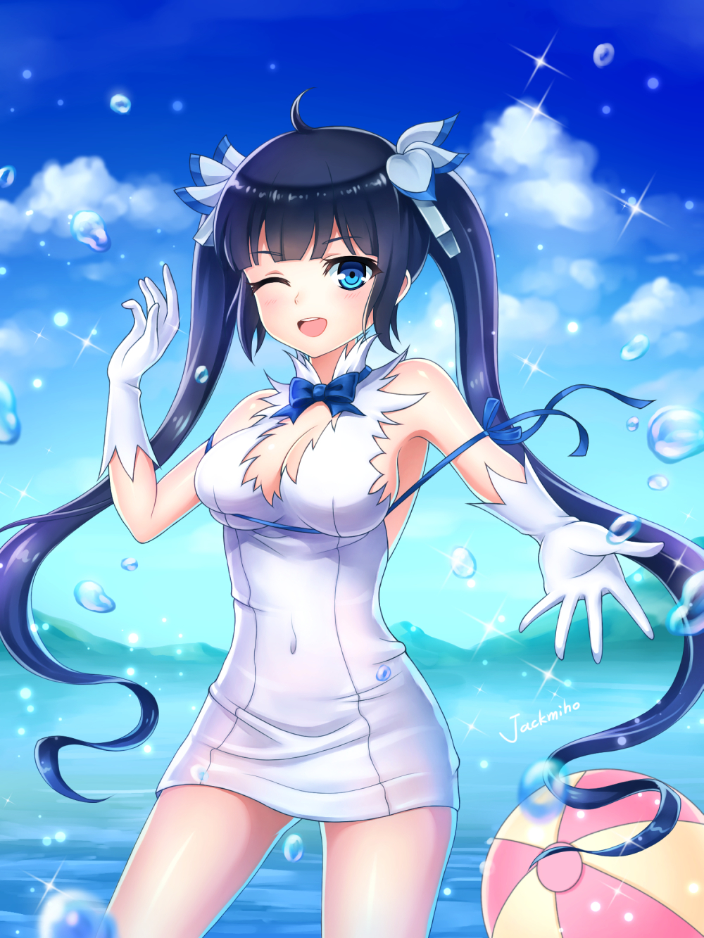 1girl, ;d, ahoge, artist_name, ball, beachball, blue_bow, blue_eyes