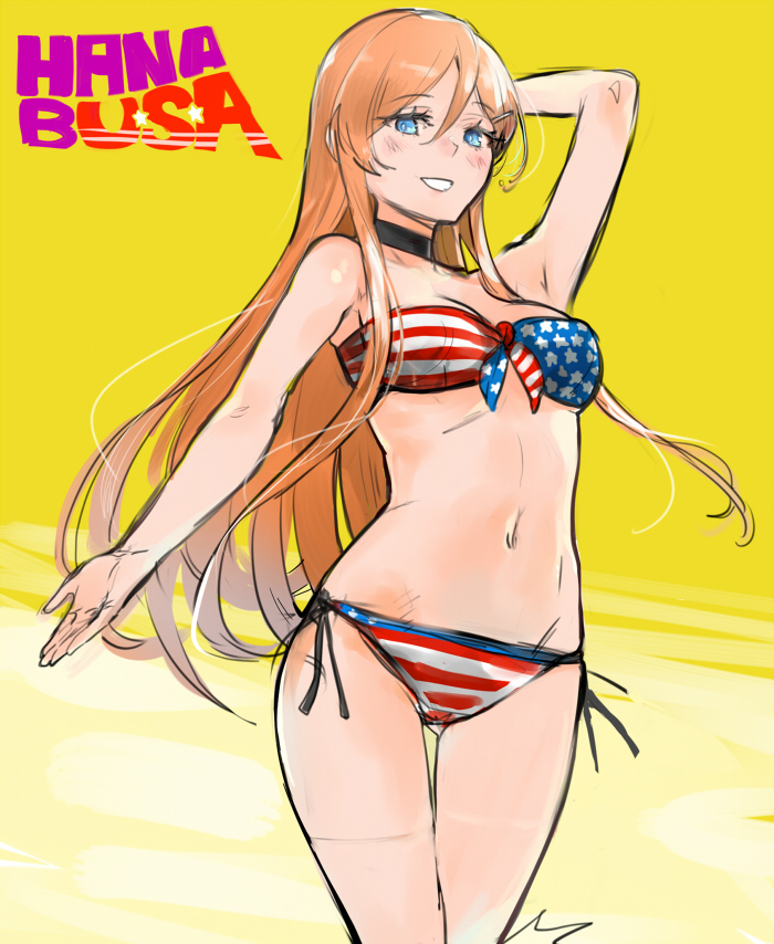 1girl, aimitsu_(ibityuttyu), akuma_no_riddle, american_flag_bikini, arm_up, bikini, black_ribbon, blue_eyes