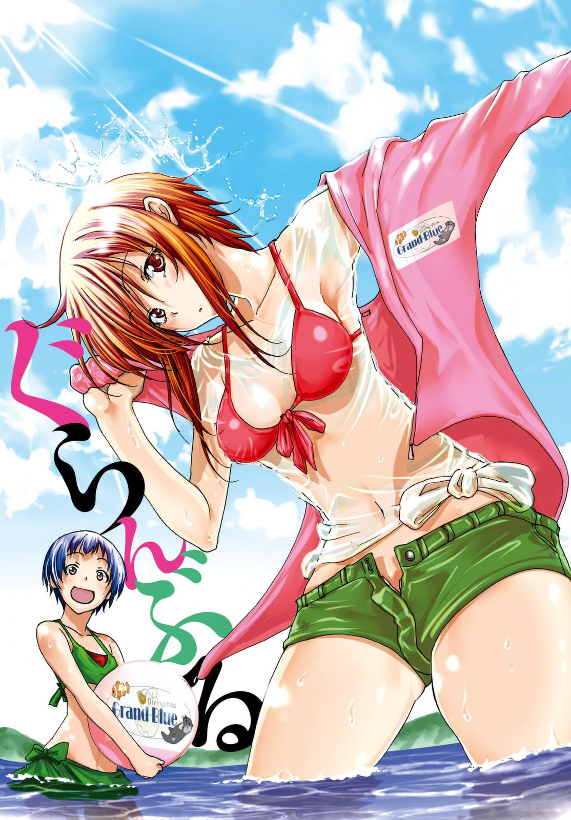 2girls, :d, ball, beachball, bikini, blue_hair, blue_sky, breasts
