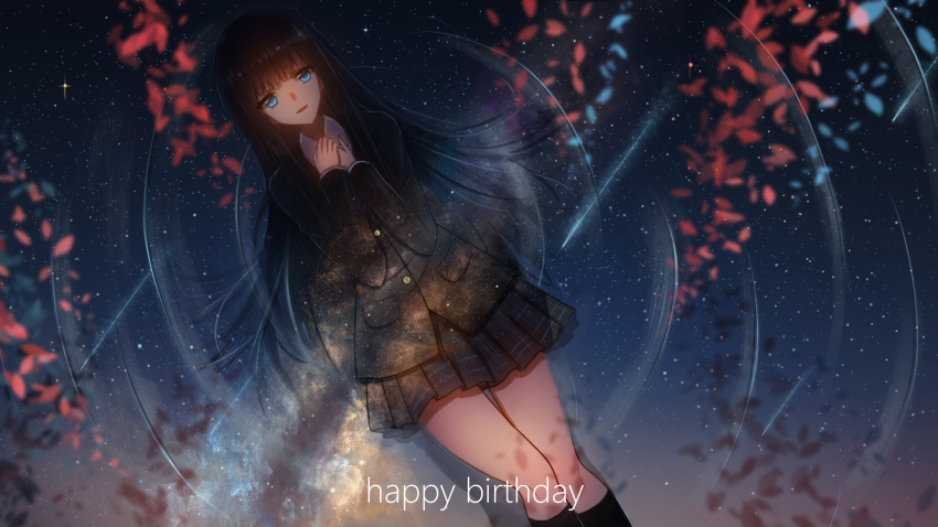 1girl, bangs, black_coat, black_hair, black_legwear, black_skirt, blue_eyes, blunt_bangs