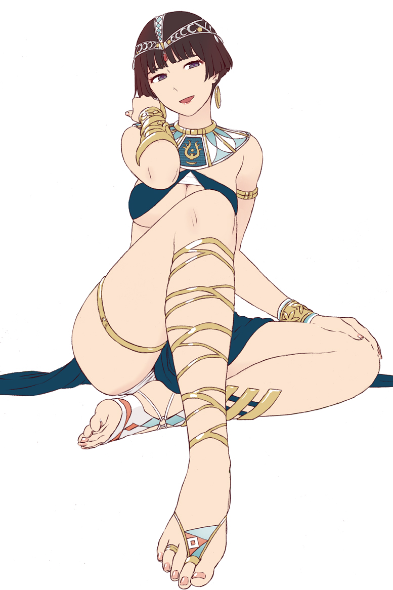 1girl, alternate_costume, armlet, bangs, black_eyes, bracer, breasts, brown_hair