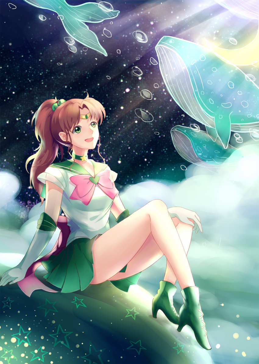 1girl, bishoujo_senshi_sailor_moon, boots, bow, bowtie, brown_hair, choker, elbow_gloves, full_body, gloves, green_eyes, green_footwear, hair_bobbles, hair_ornament, hand_on_own_knee, headpiece, high_heel_boots, high_heels, high_ponytail, highres, kyabetsu_(xkxkinoloveaph), long_hair, looking_up, miniskirt, pink_bow, pink_neckwear, pleated_skirt, sailor_collar, sailor_jupiter, sailor_senshi_uniform, see-through, shirt, sitting, skirt, solo, star, whale, white_gloves, white_shirt
