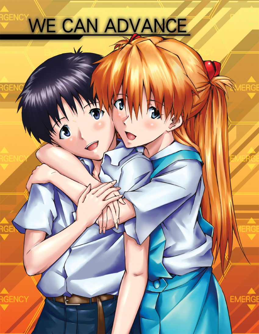 1boy, 1girl, :d, black_eyes, black_hair, blue_eyes, blue_pants, blue_skirt