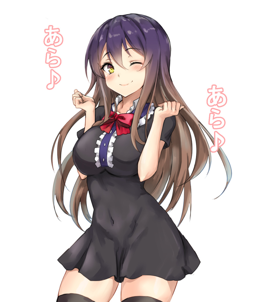 1girl, ;), amagi_(amagi626), bangs, black_dress, black_legwear, blush, bow