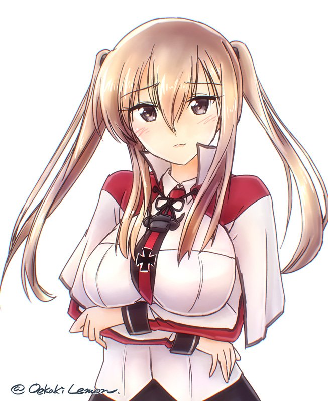 1girl, blonde_hair, blush, breast_hold, breasts, capelet, commentary_request, cross