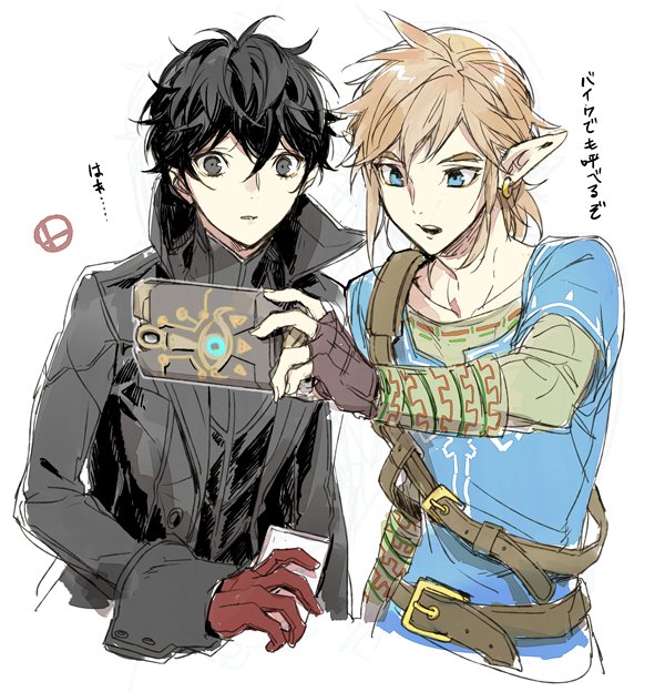 2boys, amamiya_ren, atlus, black_hair, blonde_hair, blue_eyes, cellphone, earrings