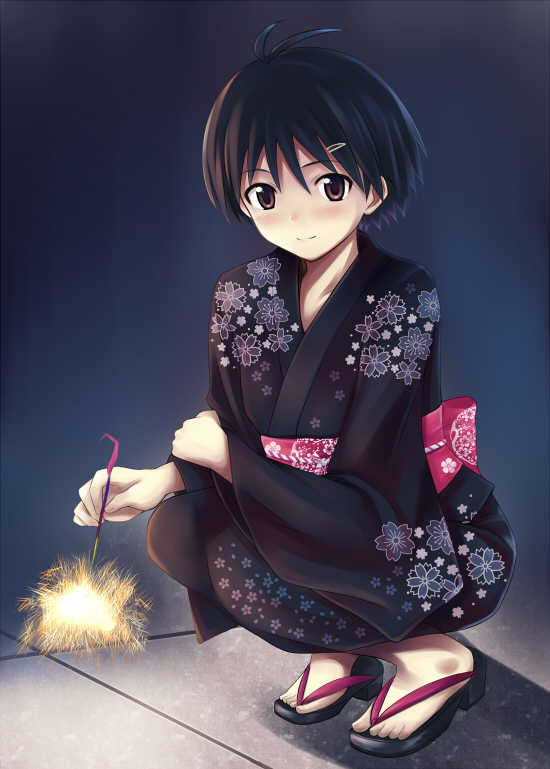 bad_id, black_hair, blush, brown_eyes, fireworks, hair_ornament, hairclip, idolmaster, japanese_clothes, kikuchi_makoto, kimono, kisugi_akira, sandals, senkou_hanabi, short_hair, sparkler, sparklers, squat, squatting