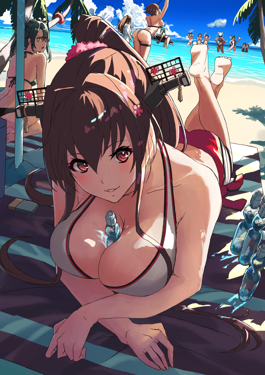 6+girls, alternate_costume, aqua_hair, ass, ball, beach, beach_umbrella, beachball