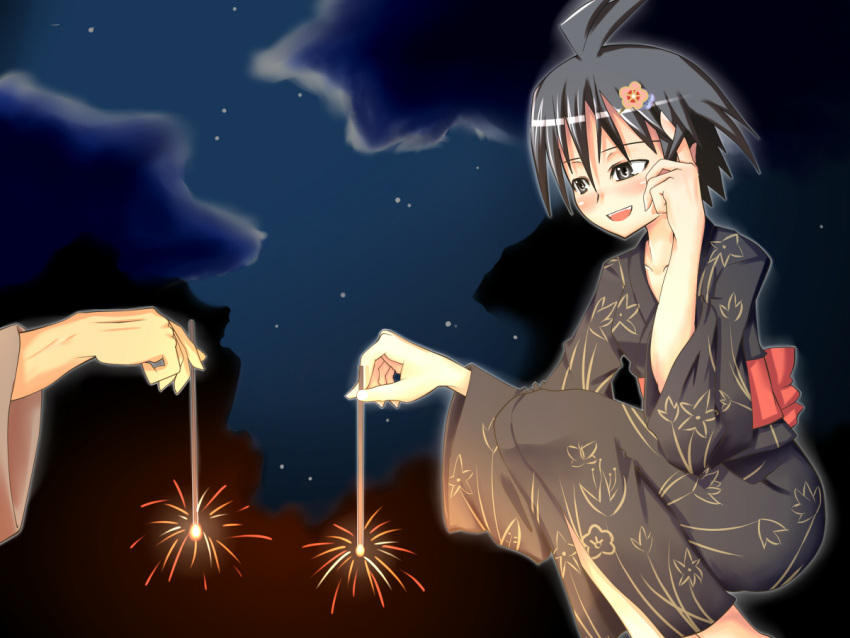 black_hair, blush, brown_eyes, cloud, clouds, fireworks, flower, idolmaster