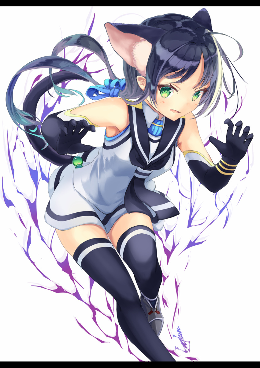 animal_ears, armored_boots, black_gloves, black_legwear, black_serafuku, blue_hair, boots, cat_ears