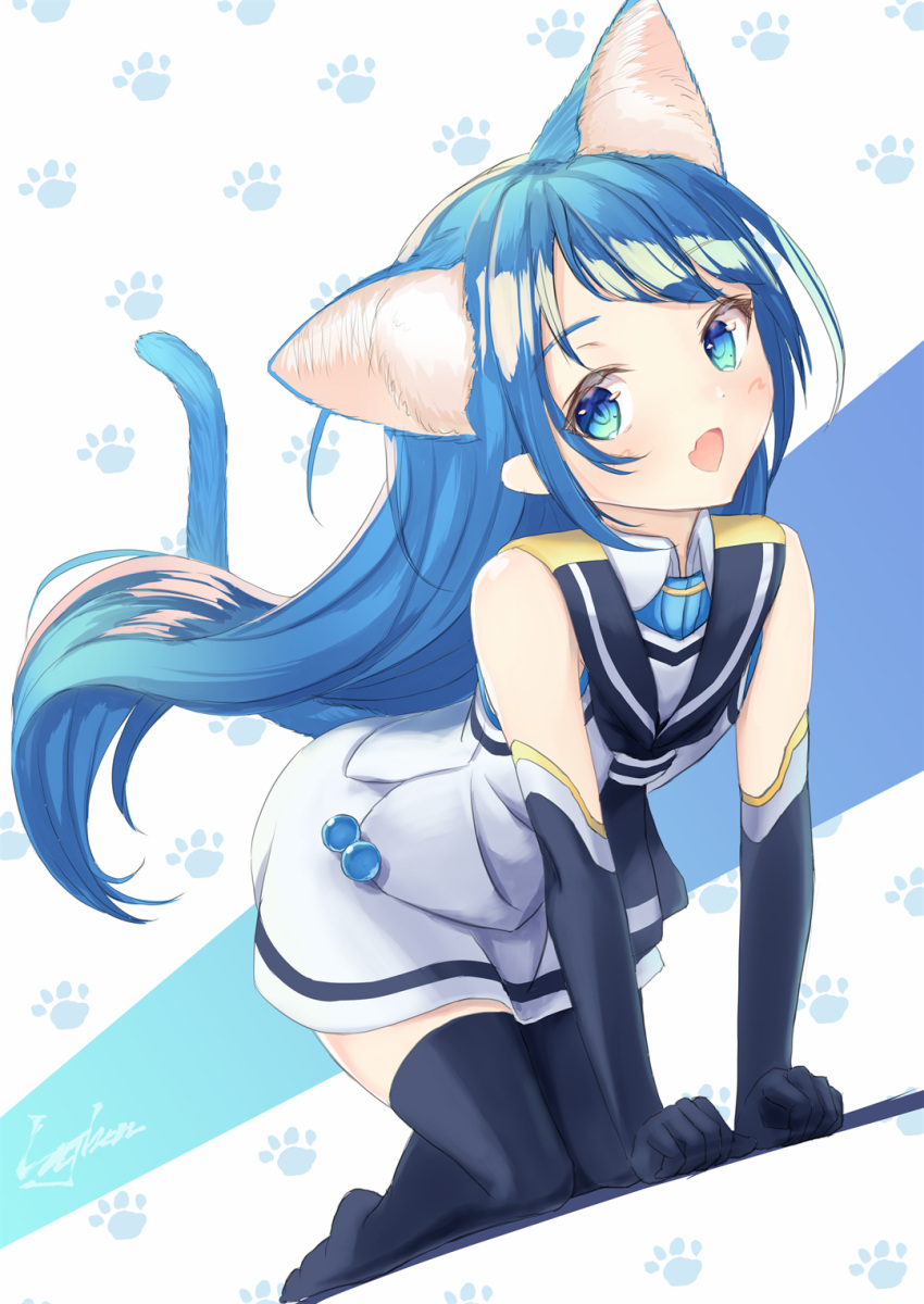 animal_ears, bangs, black_legwear, blue_eyes, blue_hair, blush, cat_ears, cat_tail