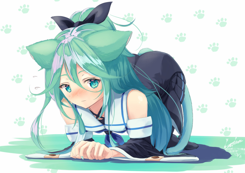 animal_ears, aqua_eyes, black_legwear, black_ribbon, black_skirt, blue_neckwear, blush, cat_ears