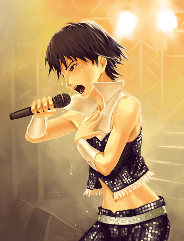 belt, brown_eyes, brown_hair, cool_&amp;_sexy_(idolmaster), doi_tabasuko, dripping, flying_sweatdrops, idolmaster, kikuchi_makoto, microphone, midriff, short_hair, singing, stage, sweat, sweating