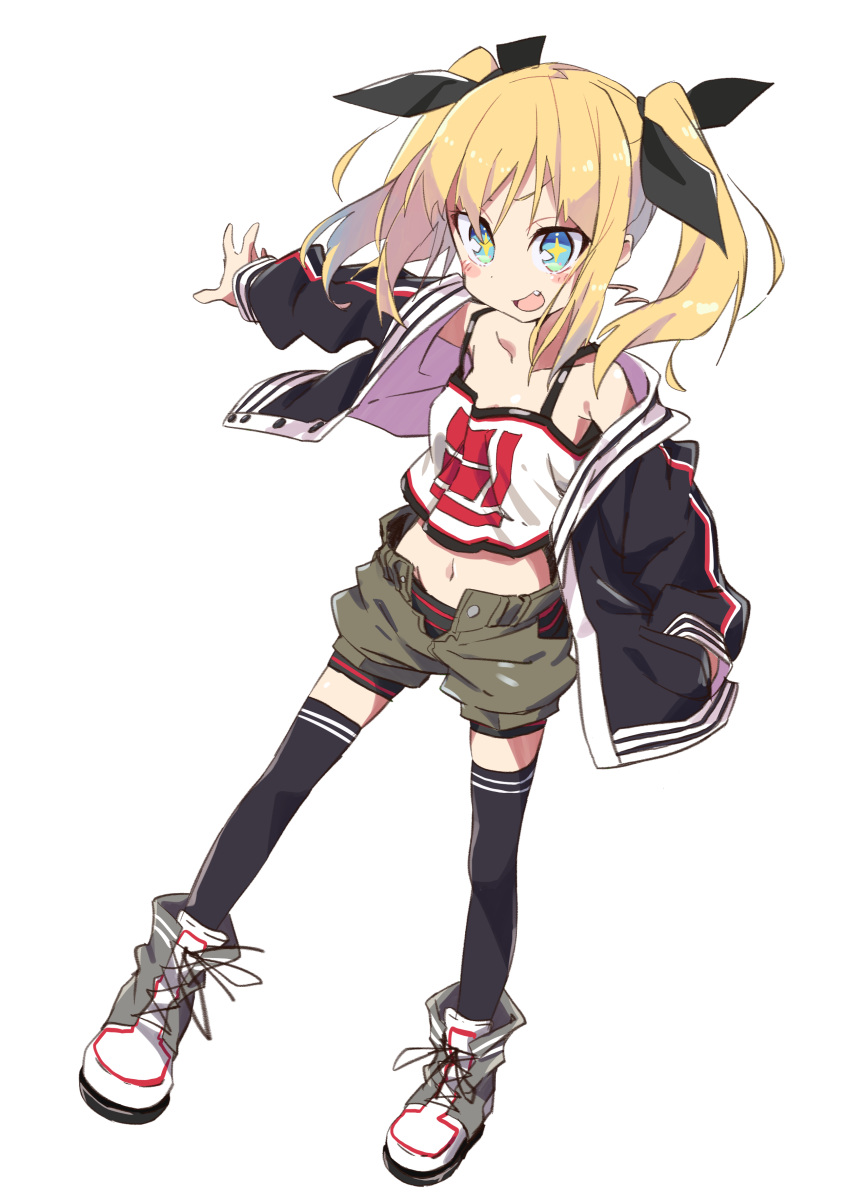 +_+, 1girl, :d, absurdres, amaryllis_class, bangs, bare_shoulders, black_jacket, black_legwear, black_ribbon, black_shorts, blonde_hair, blush_stickers, boots, breasts, brown_shirt, camisole, cross-laced_footwear, eyebrows_visible_through_hair, fang, full_body, hair_between_eyes, hair_ribbon, hand_in_pocket, highres, jacket, kotohara_hinari, lace-up_boots, long_hair, long_sleeves, looking_at_viewer, navel, off_shoulder, open_clothes, open_jacket, open_mouth, puffy_long_sleeves, puffy_sleeves, ribbon, shirt, short_shorts, shorts, shorts_under_shorts, sidelocks, simple_background, small_breasts, smile, solo, tama_(tama-s), thigh-highs, twintails, virtual_youtuber, white_background, white_camisole, white_footwear