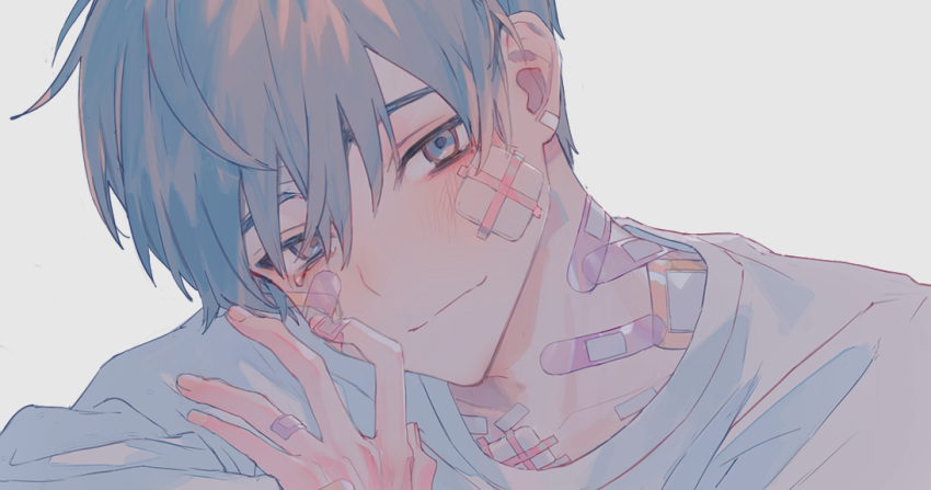 1boy, bandaid, bandaid_on_face, bandaid_on_neck, closed_mouth, fingernails, grey_background, grey_eyes