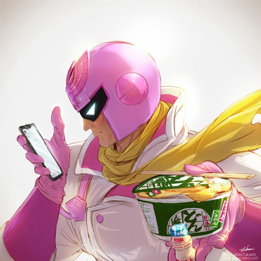1boy, artist_name, backlighting, bodysuit, captain_falcon, cellphone, chopsticks, commentary_request, f-zero, food, food_request, gloves, helmet, highres, holding, holding_food, looking_at_phone, male_focus, nintendo, phone, pink_gloves, pink_helmet, ramen, scarf, solo, takami_masahiro, twitter_username, watermark, web_address, white_background, yellow_neckwear