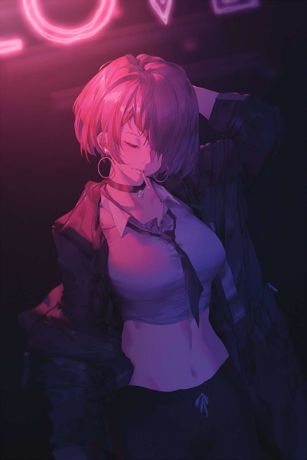 1girl, breasts, choker, cigarette, closed_eyes, collared_shirt, cropped_shirt, dark_background