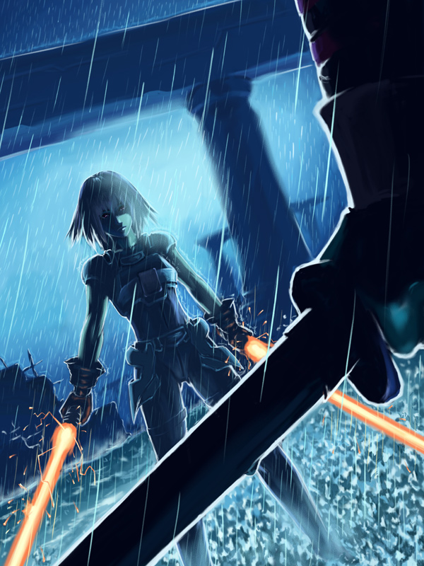 akimbo, belt, doi_tabasuko, dual_wielding, dutch_angle, energy_sword, gloves, light_saber