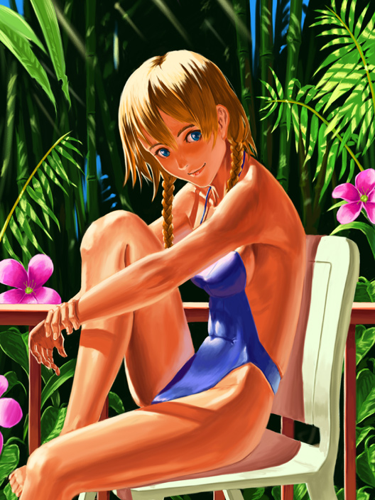 bamboo_forest, blonde_hair, blue_eyes, braid, chair, doi_tabasuko, flower, forest