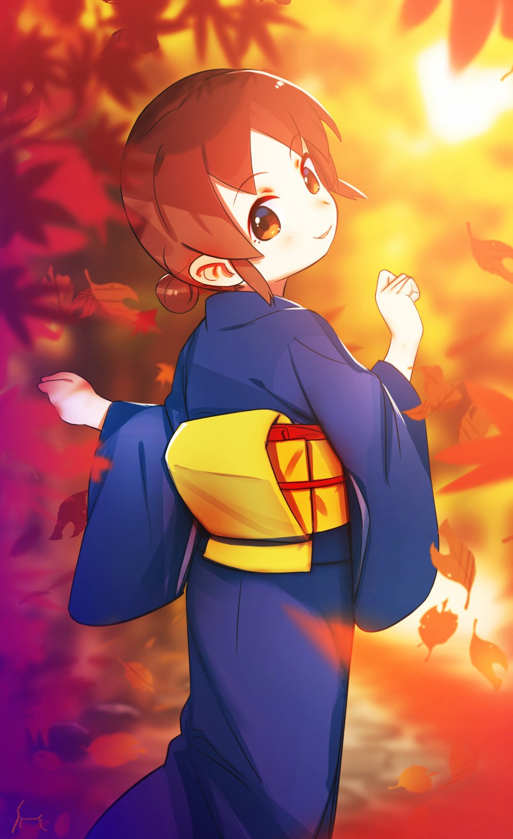 1girl, blue_kimono, blurry, blurry_background, brown_eyes, brown_hair, commentary, day