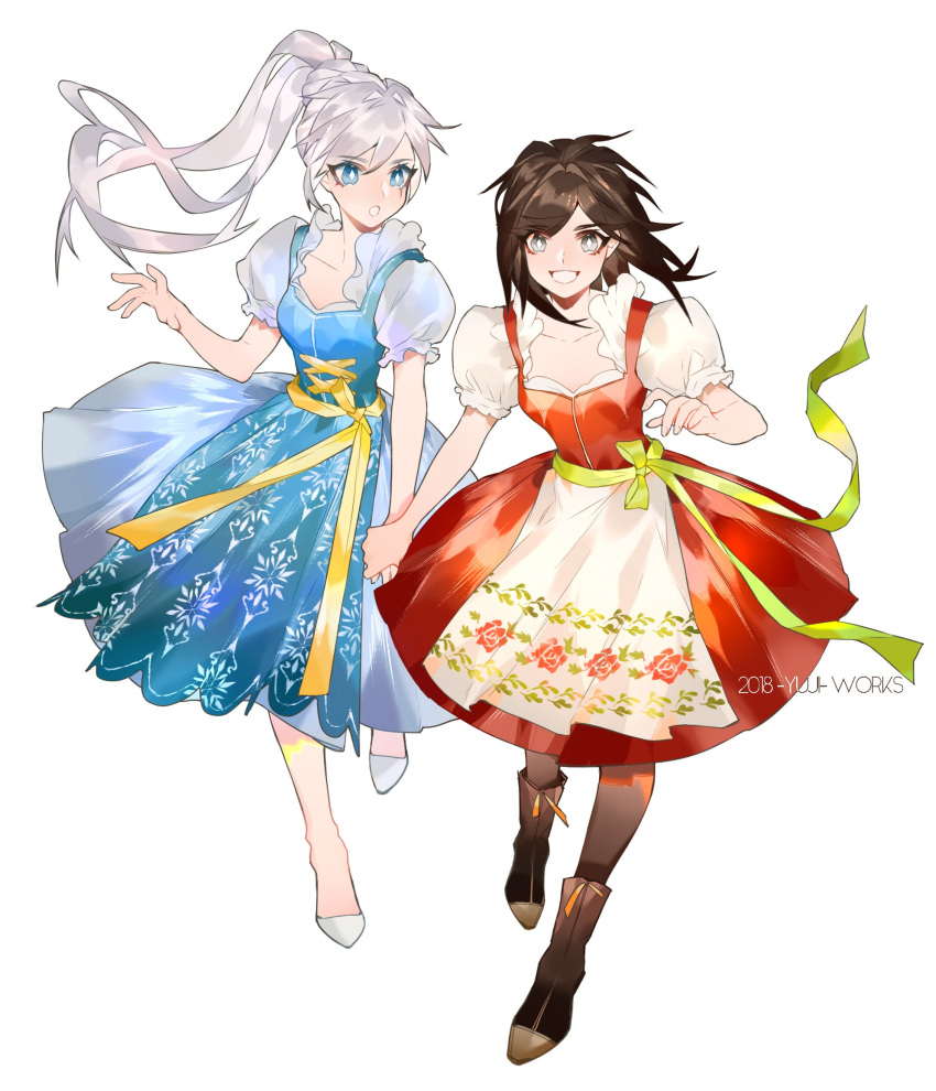 2girls, alternate_costume, apron, blue_eyes, boots, brown_hair, grey_eyes, hand_holding