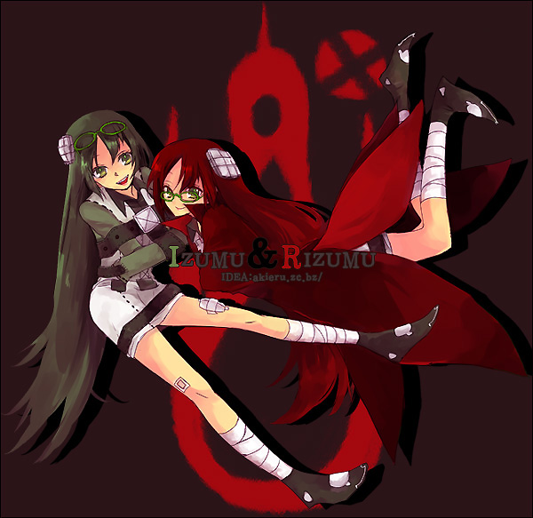 bandage, bandages, glasses, green_hair, long_hair, niounomiya_izumu, niounomiya_rizumu, red_hair