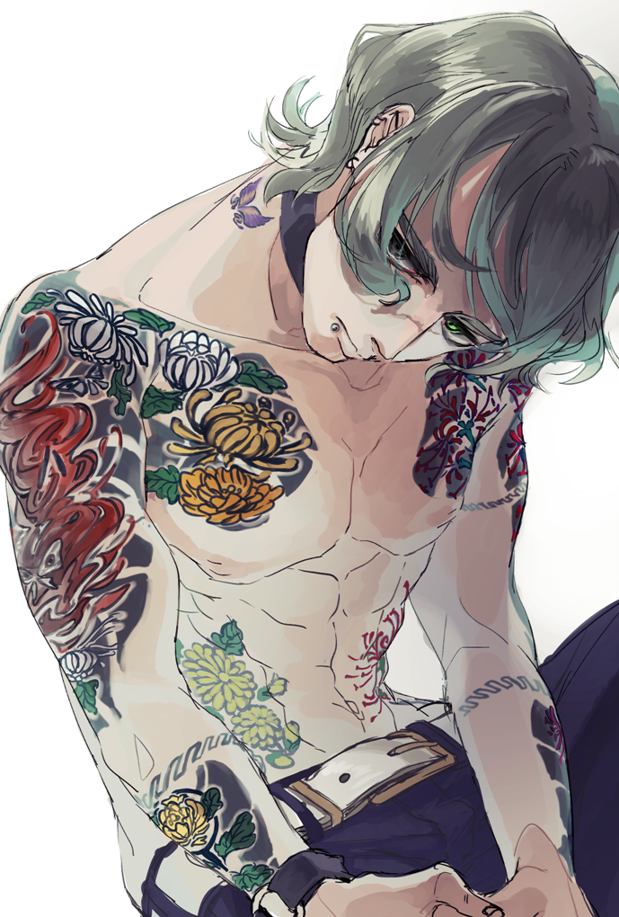 1boy, abs, bangs, bare_chest, belt, butterfly_tattoo, choker, ear_piercing