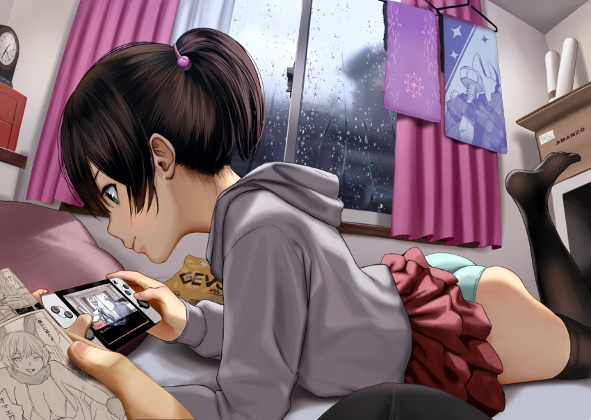 1girl, ass, bangs, bed, bed_sheet, bedroom, black_legwear, box