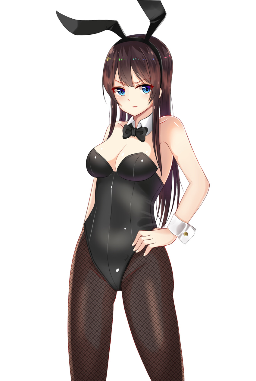 1girl, animal_ears, black_hair, black_legwear, black_leotard, black_neckwear, blue_eyes, bow