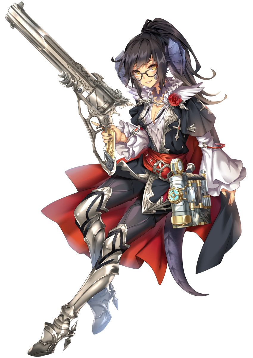 1girl, absurdres, au_ra, belt, black_hair, boots, cape, commission