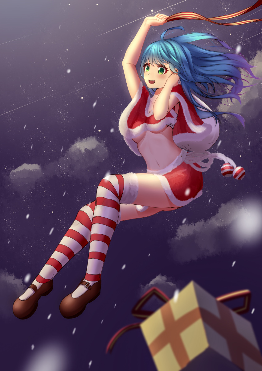 1girl, absurdres, ahoge, arm_above_head, bag, blue_hair, blurry, box