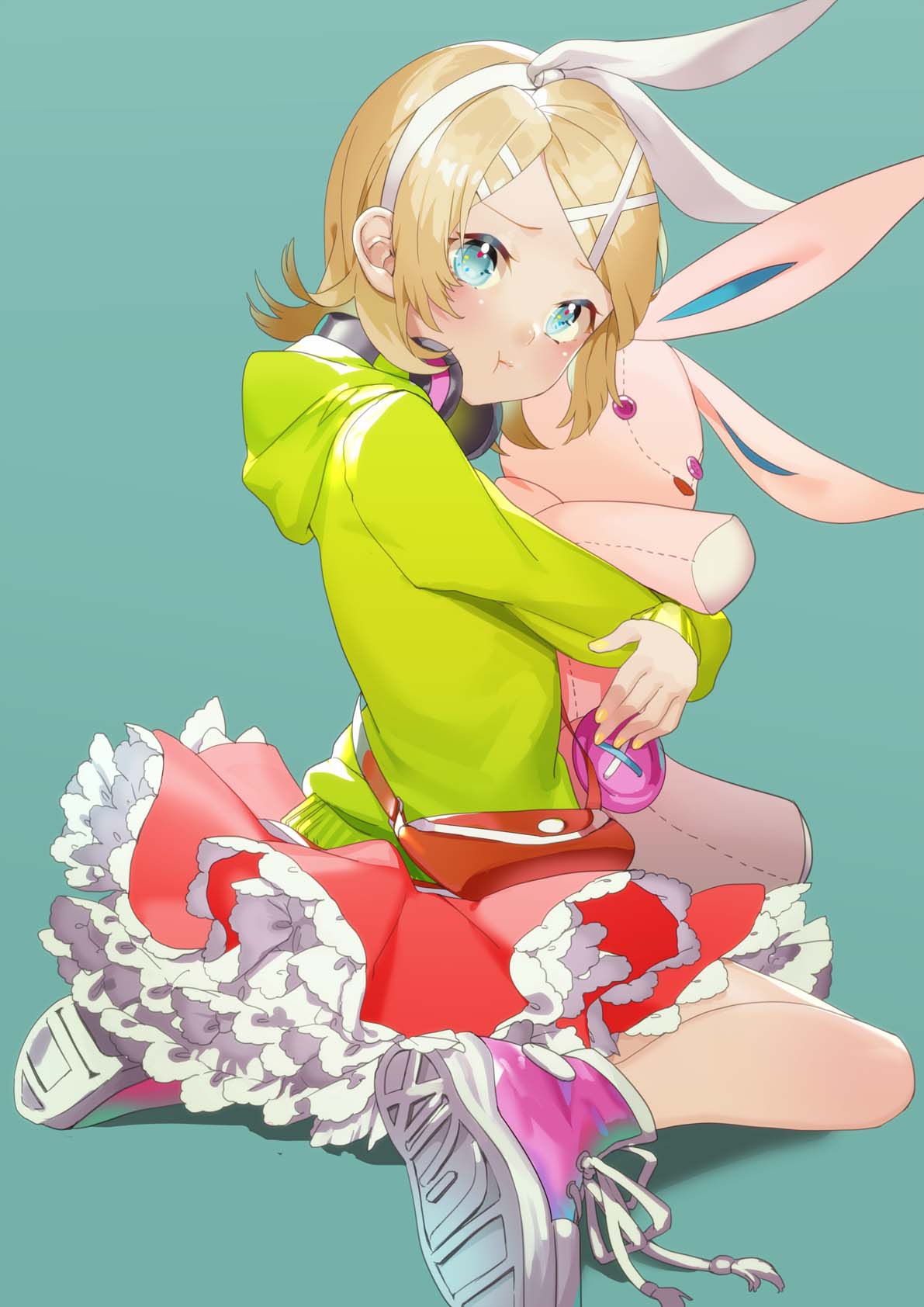 1girl, :t, aqua_background, blonde_hair, blue_eyes, button_eyes, flat_chest, frilled_skirt, frills, frown, green_hoodie, hair_ornament, hairclip, headphones, headphones_around_neck, highres, holding, holding_stuffed_animal, hood, hoodie, hug, kagamine_rin, kneeling, looking_at_viewer, looking_back, melancholic_(vocaloid), melancholy_(module), pink_footwear, pink_skirt, pink_stuffed_animal, pout, project_diva_(series), puffy_cheeks, sawashi_(ur-sawasi), shoes, short_hair, simple_background, skirt, sneakers, solo, stuffed_animal, stuffed_bunny, stuffed_toy, turning_head, vocaloid
