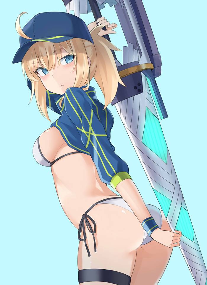 100, 1girl, ahoge, artoria_pendragon_(all), ass, bikini, blonde_hair, blue_eyes, cropped_jacket, fate/grand_order, fate_(series), hat, looking_back, mysterious_heroine_x, mysterious_heroine_xx_(foreigner), ponytail, side-tie_bikini, swimsuit, thigh_strap, weapon