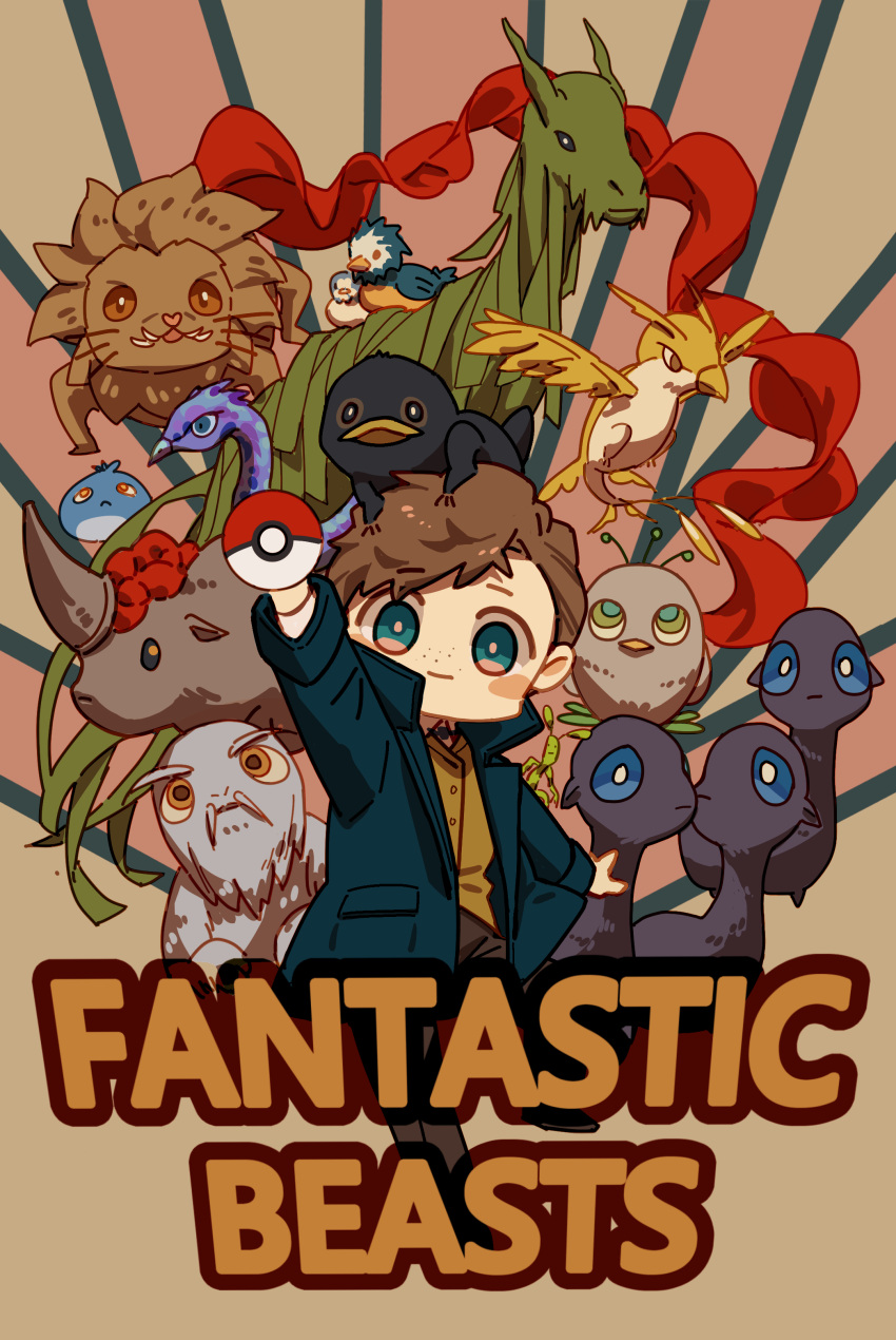 1boy, absurdres, augurey, billywig, bird, bowtruckle, brown_background, brown_hair
