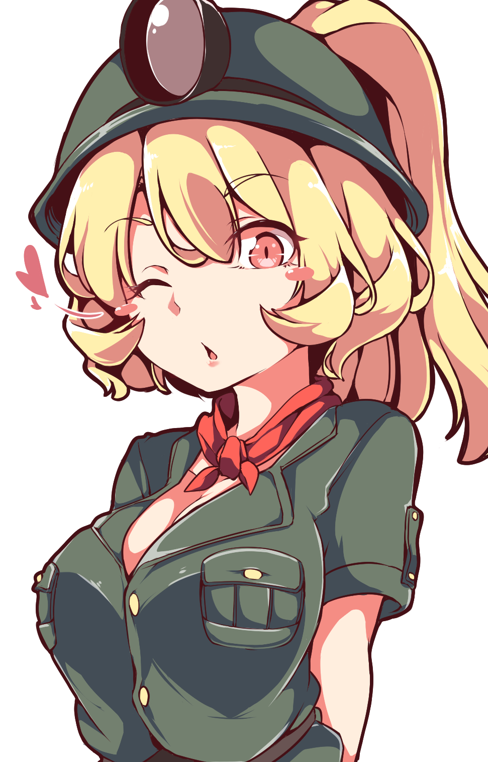 1girl, blonde_hair, blush_stickers, breasts, cleavage, eyebrows_visible_through_hair, gokuu_(acoloredpencil), goombella
