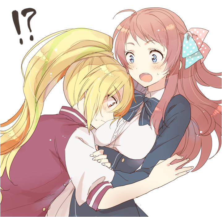 !?, 2girls, :o, azuki_(aduki), blonde_hair, blue_eyes, blush, bow, breast_press, jacket, letterman_jacket, long_hair, long_sleeves, minamoto_sakura, multiple_girls, nikaidou_saki, open_mouth, orange_eyes, polka_dot, polka_dot_bow, ponytail, school_uniform, sweatdrop, yuri, zombie_land_saga