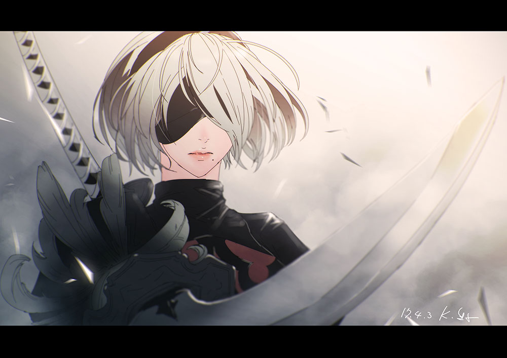1girl, black_blindfold, black_dress, black_hairband, blindfold, cleavage_cutout, closed_mouth, commentary_request