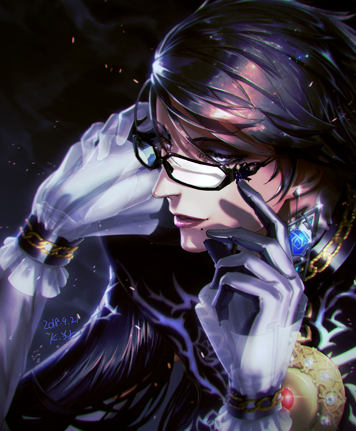 1girl, amulet, bayonetta, bayonetta_(character), black_hair, commentary_request, earrings, eyeshadow