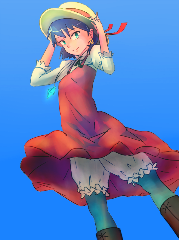 1girl, commentary_request, dark_skin, dress, earrings, fushigi_no_umi_no_nadia, hat, hoop_earrings